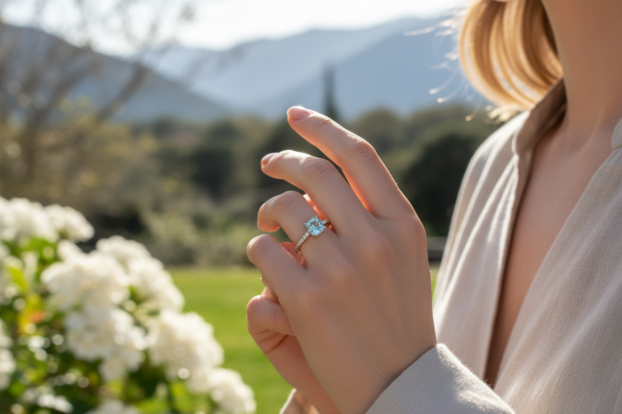 小巧精致的Aquamarine (海蓝宝)珠宝饰品戴在欧美年轻女性手上室外效果