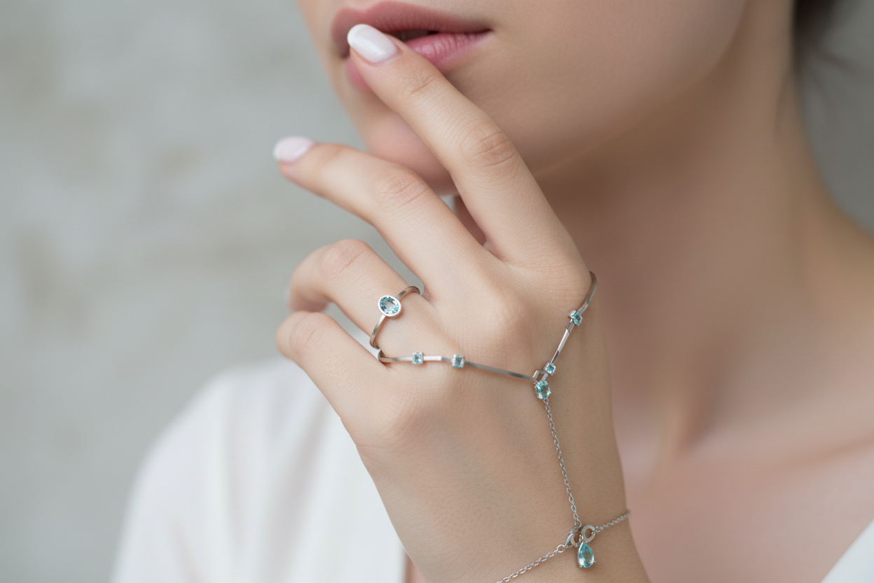 小巧精致的Aquamarine (海蓝宝)珠宝饰品戴在欧美年轻女性手上效果