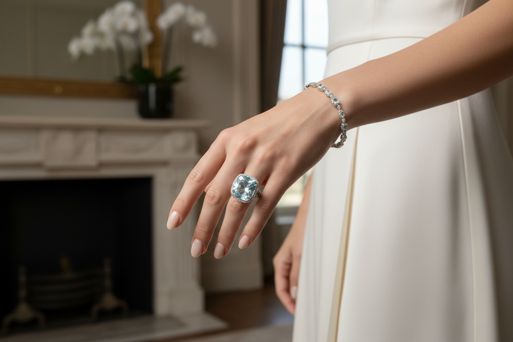 精致贵气的Aquamarine (海蓝宝)珠宝饰品戴在欧美年轻女性手上室内效果