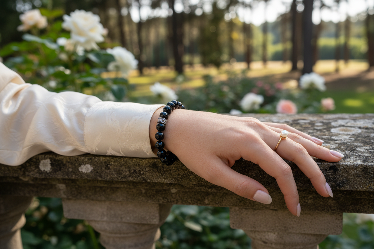 精致贵气的Black Obsidian (黑曜石)视频戴在欧美年轻女性手上室外效果