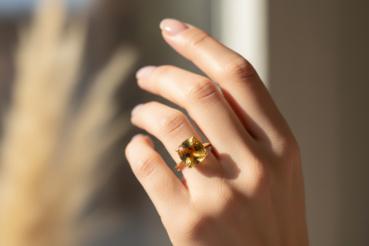 Citrine (黄水晶)带在欧美年轻女性手指上的效果