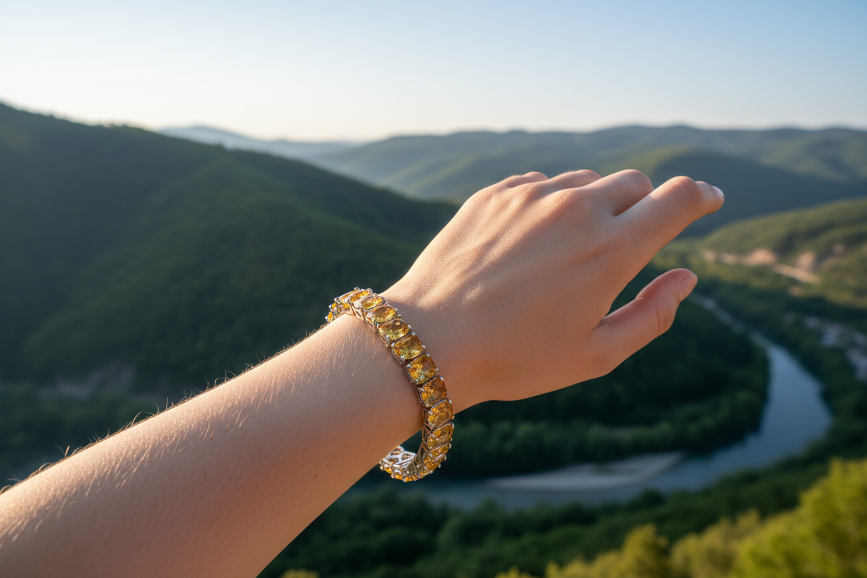 Citrine (黄水晶)带在欧美年轻女性手上的户外风景照