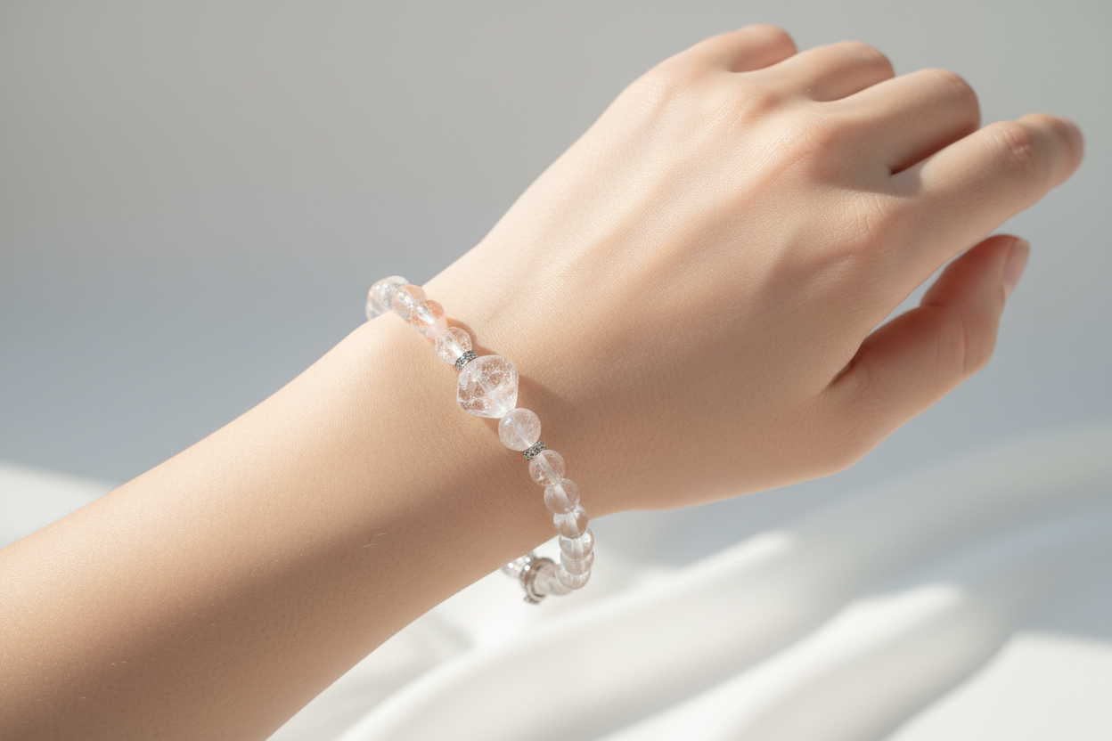 精致贵气的Clear Quartz (白水晶)戴在年轻欧美女性手上的效果