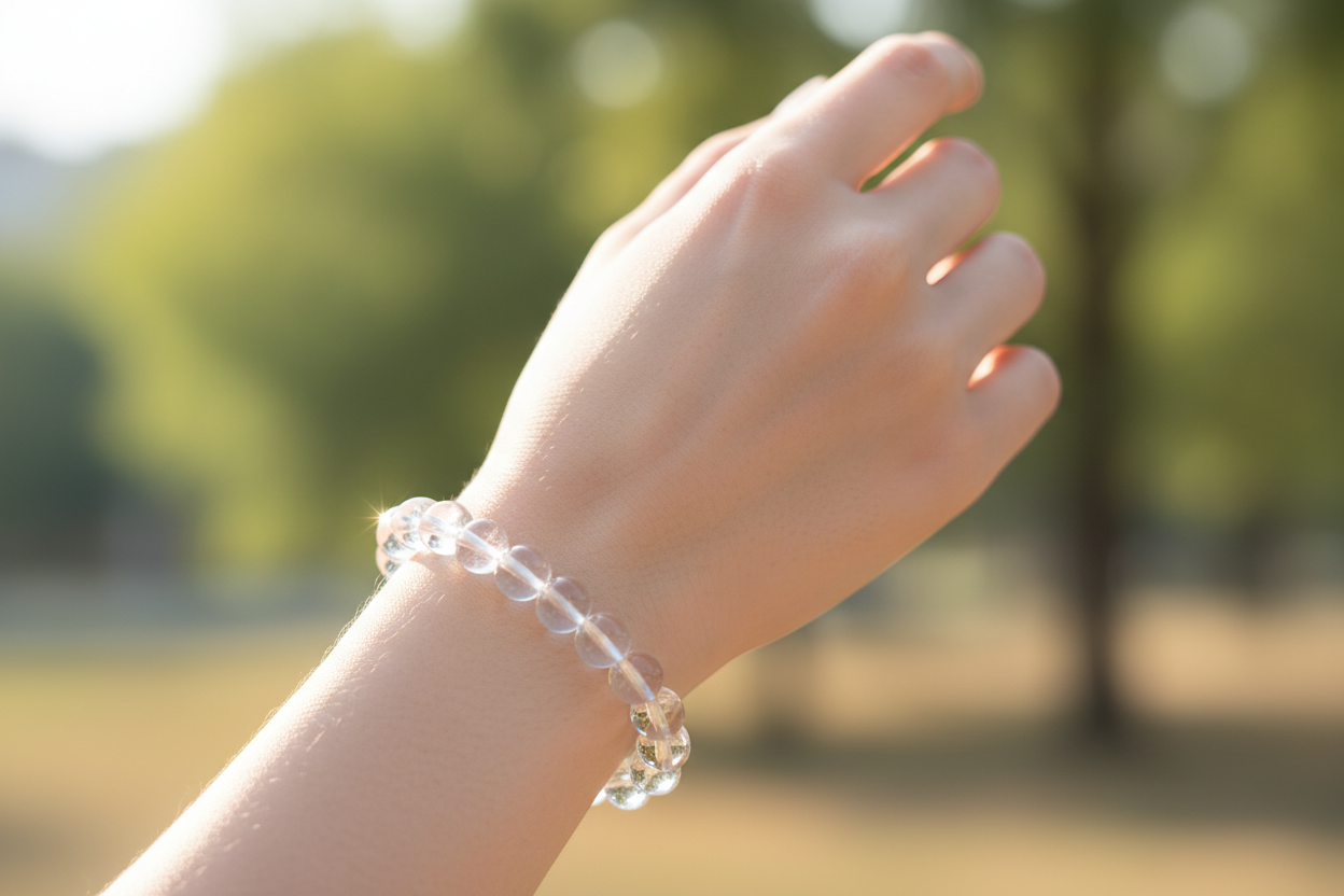 精致贵气的Clear Quartz (白水晶)戴在年轻欧美女性手上的室外效果