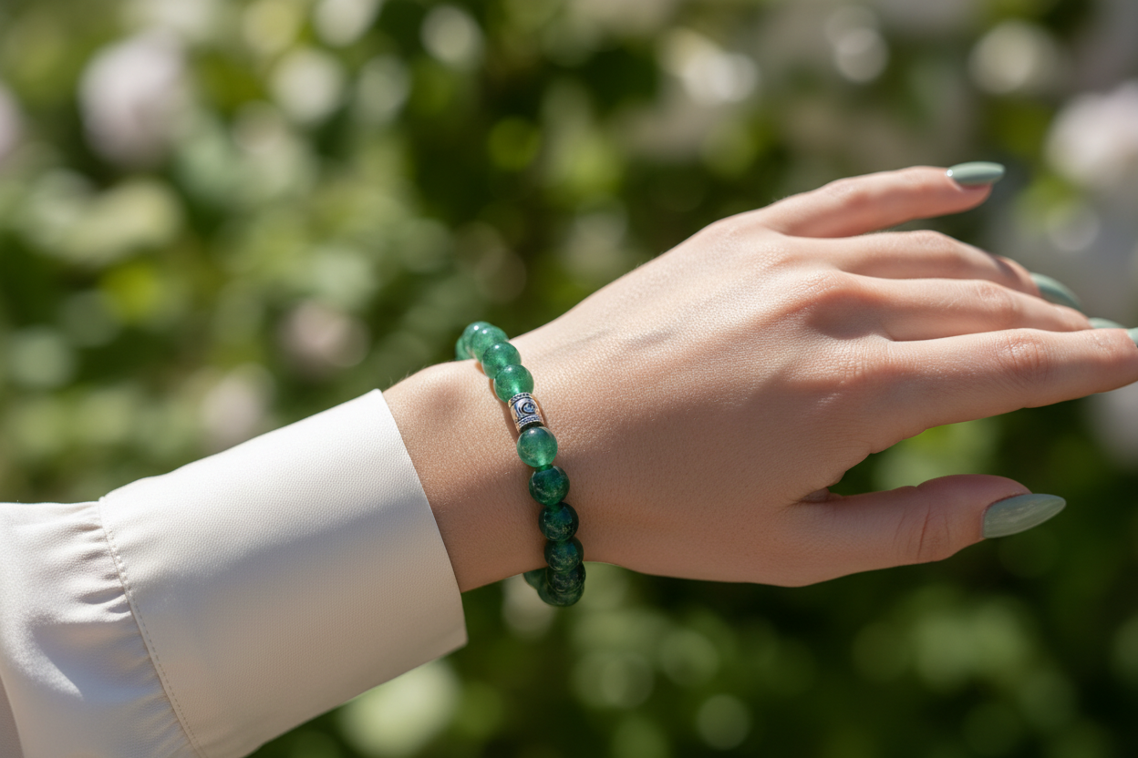 精致贵气的Green Aventurine (东陵玉)戴在欧美年轻女性手上的室外效果图