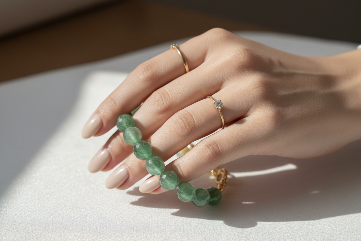 精致贵气的Green Aventurine (东陵玉)戴在欧美年轻女性手上效果图