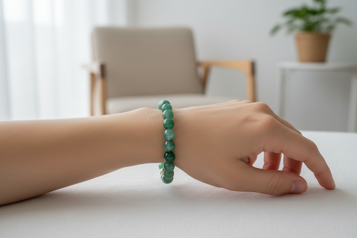 精致贵气的Green Aventurine (东陵玉)戴在欧美年轻女性手上室内的效果图