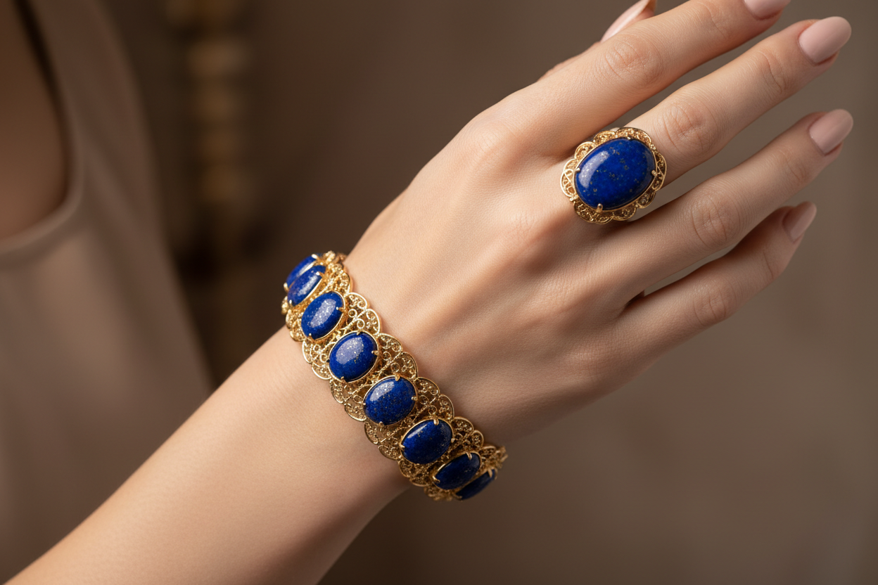 精致贵气的Lapis Lazuli (青金石)饰品戴在欧美年轻女性手上的照片