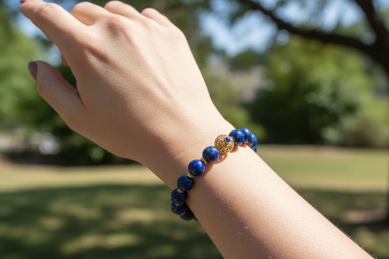 精致贵气的Lapis Lazuli (青金石)戴在欧美年轻女性的手上的室外效果