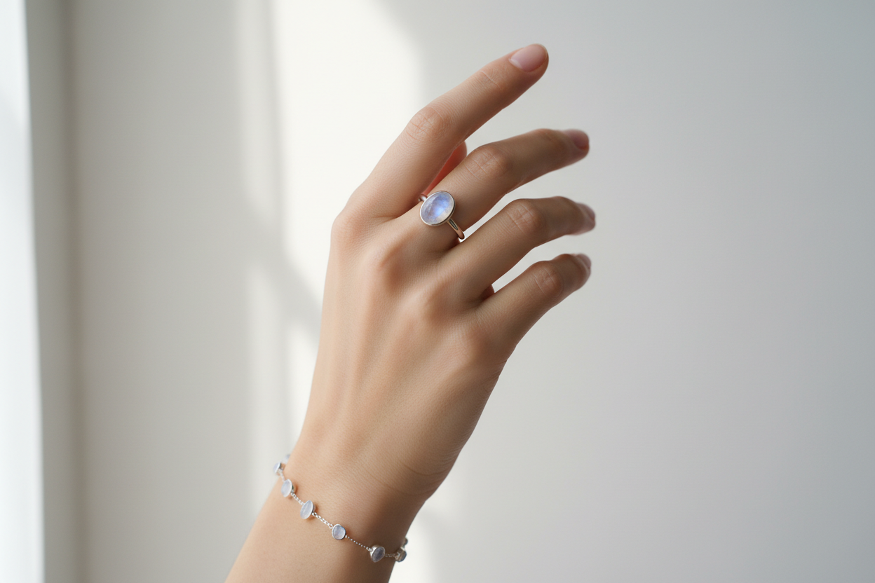  Moonstone (月光石)戴在年轻欧美女性手上效果