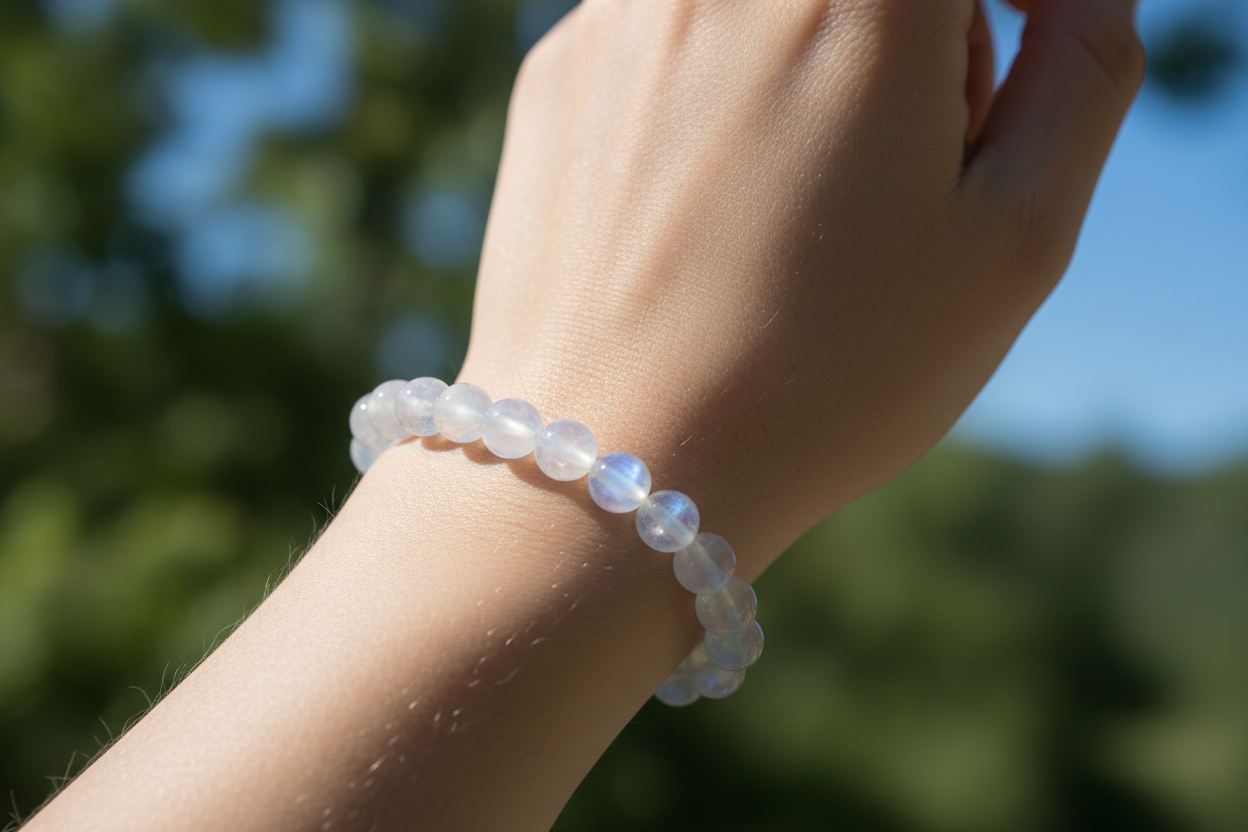  Moonstone (月光石)戴在欧美年轻女性手上的户外效果