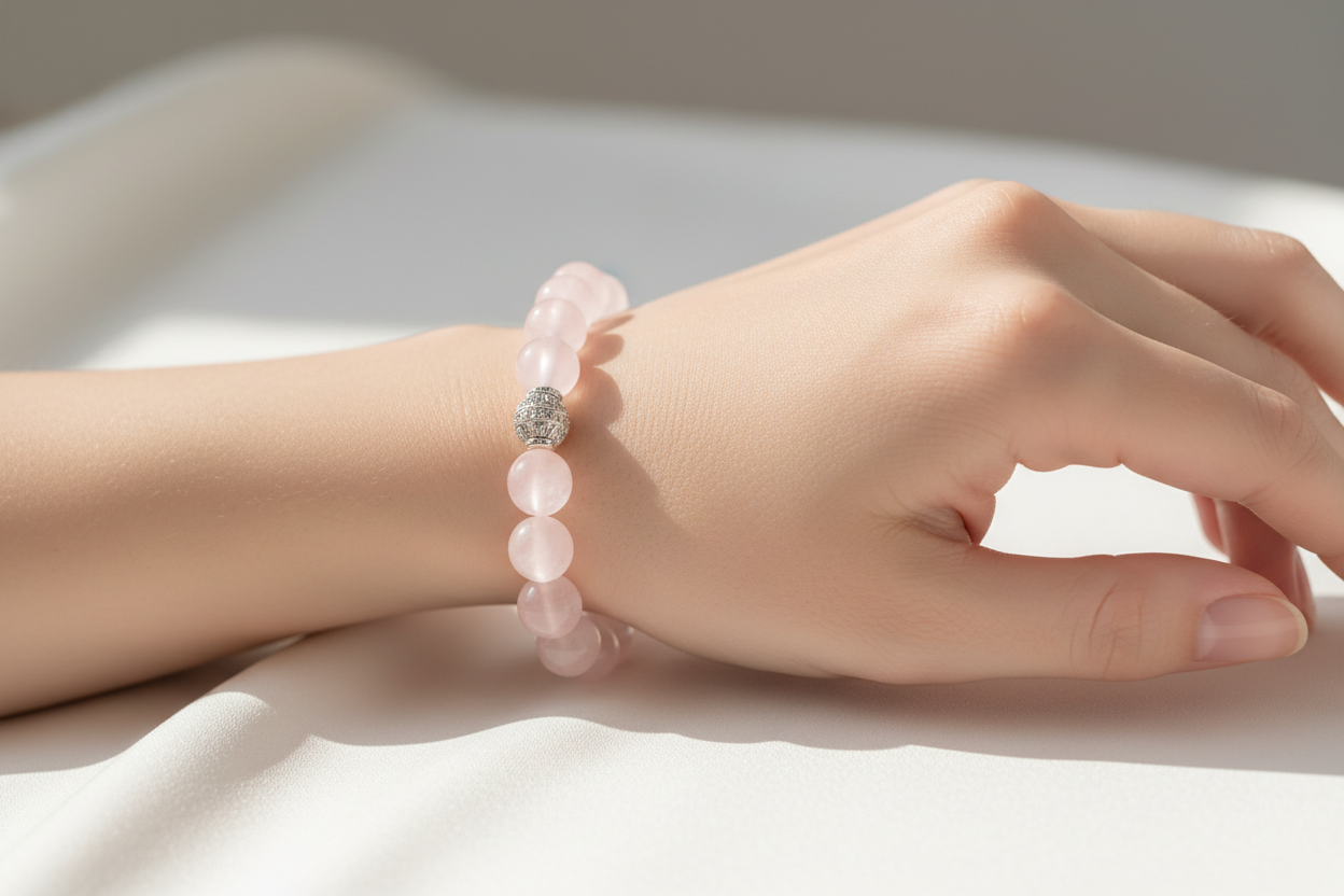 贵气精致的Rose Quartz (粉晶)戴在欧美年轻女性手上的饰品图片