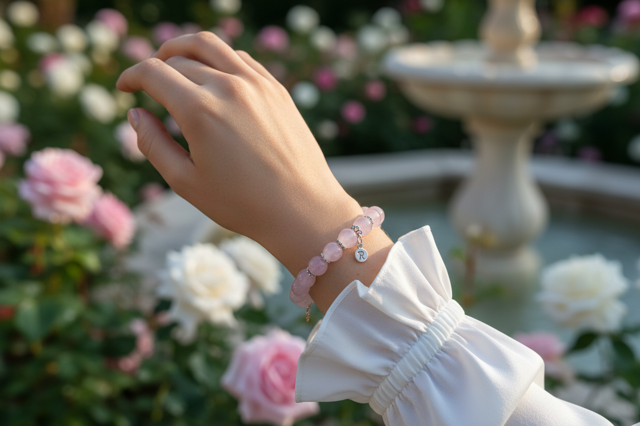 贵气精致的Rose Quartz (粉晶)的手链戴在欧美年轻女性手上的室外效果